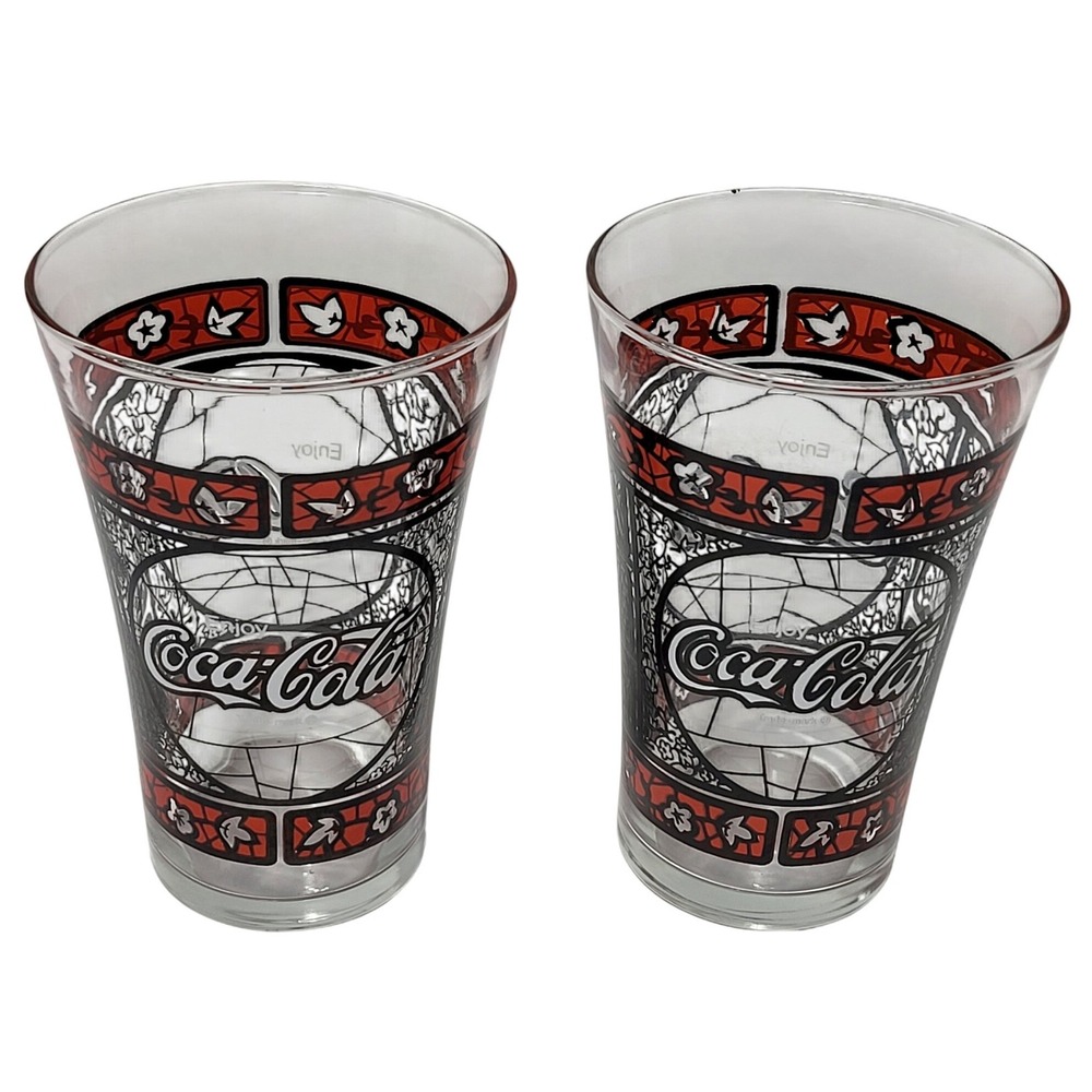 Vintage Coca-Cola Stained Glass Tiffany Style Drinking Glasses Set of 2 Red 5.5"
